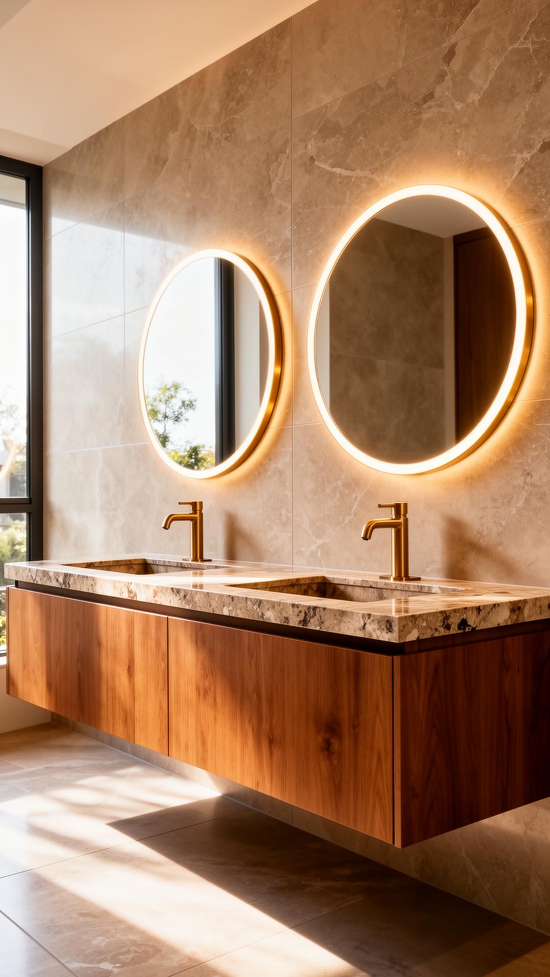 Double vanity with brass fixtures and round mirrors